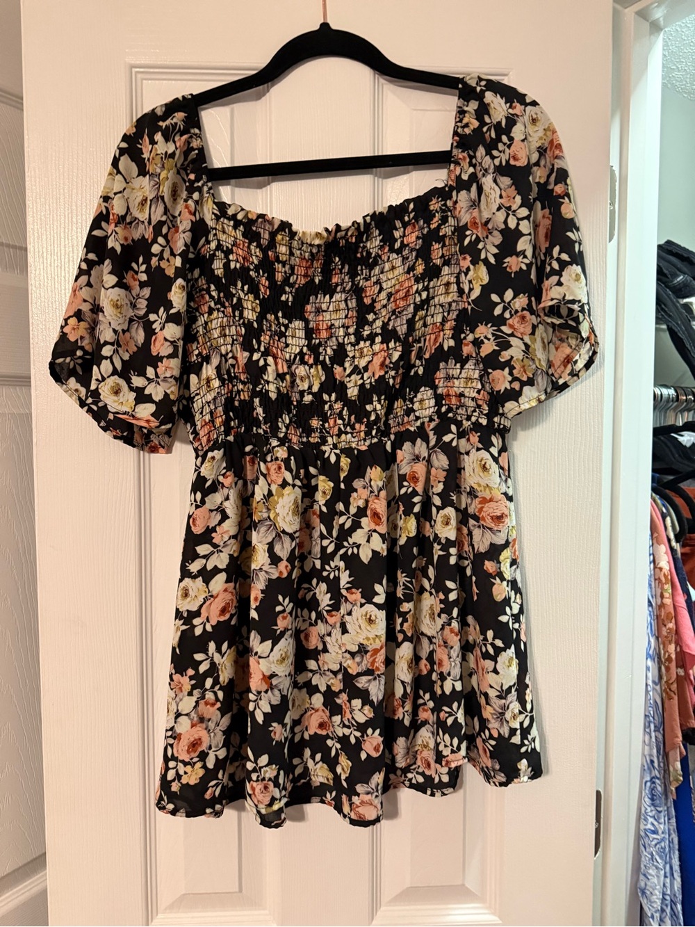 Chic Soul Black Floral Smocked Square-Neck Tunic